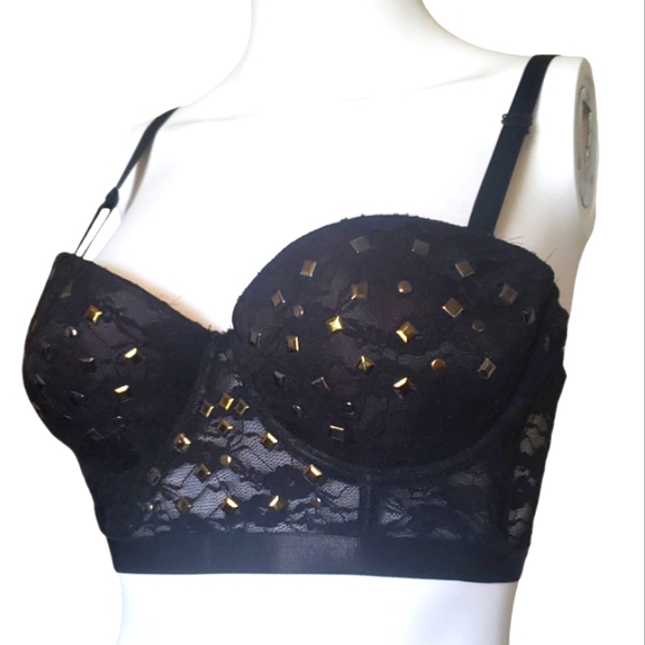 Bikini Swim Top Push Up Black Lace Gold Tone Metal Studded Women's Size 36B. - Picture 1 of 14